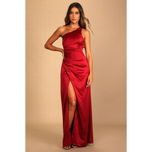 Lulus Dreaming Of Elegance Wine Red Satin One-shoulder Maxi Dress - Size XS